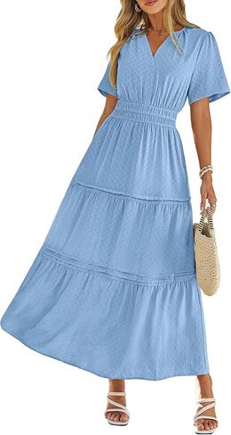 Simplee Womens 2026 Summer Casual Maxi Dress Spring Short Sleeve V Neck Elastic Waist A Line Flowy Beach Long Dresses Pockets in Kuwait