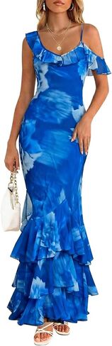 Wenrine Womens Summer Floral Maxi Dress Mesh Spaghetti Strap One Shoulder Casual Ruffle Mermaid Bodycon Party Dresses in Saudi Arabia