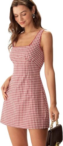 RIHOAS Plaid Gingham Mini Dress, Square Neck Spaghetti Strap A-Line Retro Dress for Fall Summer Wedding Guest Tea Party in Saudi Arabia