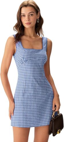 RIHOAS Plaid Gingham Mini Dress, Square Neck Spaghetti Strap A-Line Retro Dress for Fall Summer Wedding Guest Tea Party in Saudi Arabia
