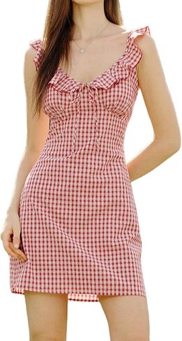 RIHOAS Plaid Gingham Mini Dress, Square Neck Spaghetti Strap A-Line Retro Dress for Fall Summer Wedding Guest Tea Party in Saudi Arabia