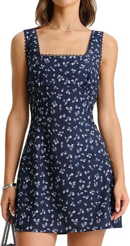 RIHOAS Plaid Gingham Mini Dress, Square Neck Spaghetti Strap A-Line Retro Dress for Fall Summer Wedding Guest Tea Party in Saudi Arabia