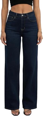 بنطلون جينز نسائي مستقيم الساق بخصر عالٍ وممتد وواسع الساق جينز غير رسمي فضفاض فضفاض من قماش الدنيم بنطلون ملابس الشارع in Kuwait