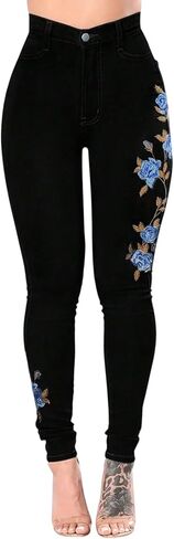 Stretch Skinny Jeans for Women Floral Embroidered High Rise Fashion Bottoms Classic Snug Fit Streetwear Pants in Saudi Arabia