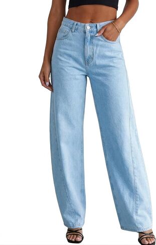 Womens Mid High Waisted Jeans Straight Wide Leg Loose Baggy Trendy Jeans in Saudi Arabia