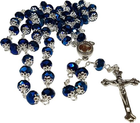 LION OF JUDAH MARKET Deep Blue Crystal Beads Religious Rosary Catholic Necklace Holy Land Soil Medal Cross Crucifix in Kuwait