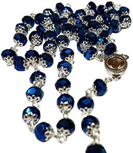 LION OF JUDAH MARKET Deep Blue Crystal Beads Religious Rosary Catholic Necklace Holy Land Soil Medal Cross Crucifix in Kuwait