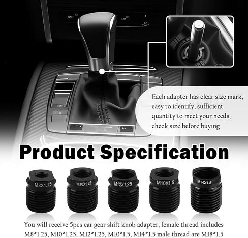 5PCS Car Gear Shift Knob Adapter Aluminum Alloy,Precision Thread Gear Shifter Knobs Adapter Kit Includes M8/M10/M12×1.25,M10/M14×1.5,Universal Stick Shift Knob Car Accessories in Kuwait