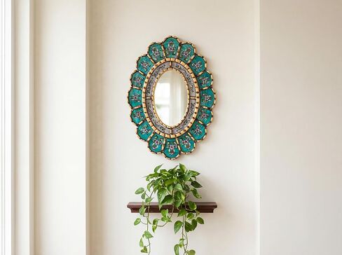 رسم بيرو على مرآة زجاجية بيضاوية لتزيين الجدران | مرآة زخرفية باللون الفيروزي معلقة على الحائط لديكور الغرفة in Kuwait