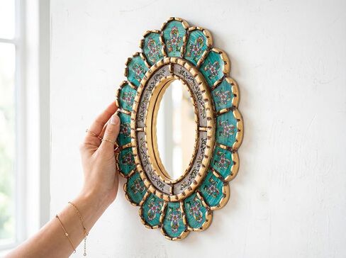 رسم بيرو على مرآة زجاجية بيضاوية لتزيين الجدران | مرآة زخرفية باللون الفيروزي معلقة على الحائط لديكور الغرفة in Kuwait