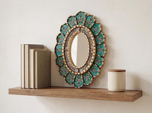 رسم بيرو على مرآة زجاجية بيضاوية لتزيين الجدران | مرآة زخرفية باللون الفيروزي معلقة على الحائط لديكور الغرفة in Kuwait