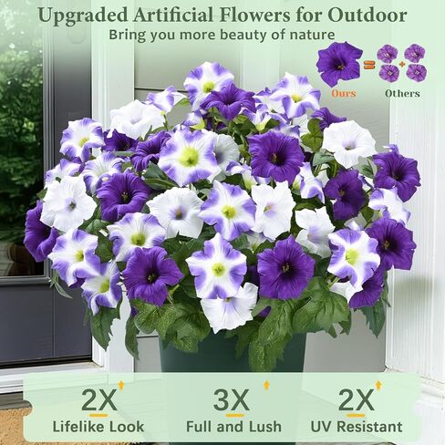 MARTINE MALL Artificial Flowers for Outdoors, 2 Potted Realistic Fake Outdoor Flowers, UV Resistant Silk Petunia Flower for Outside Look Real Faux Flower Plants in Pot for Porch Garden Decor, 20'' in Saudi Arabia