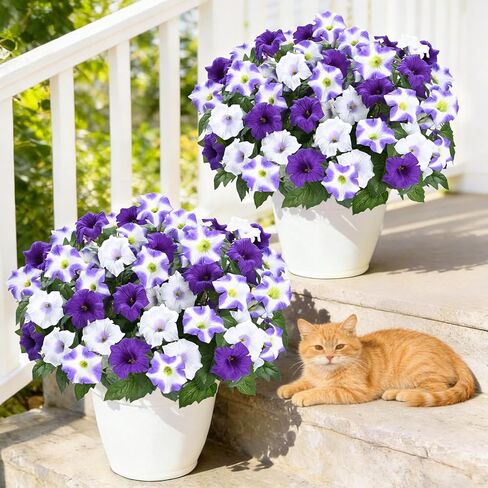 MARTINE MALL Artificial Flowers for Outdoors, 2 Potted Realistic Fake Outdoor Flowers, UV Resistant Silk Petunia Flower for Outside Look Real Faux Flower Plants in Pot for Porch Garden Decor, 20'' in Saudi Arabia