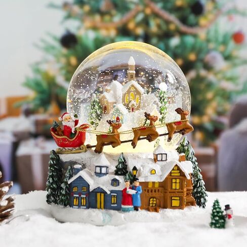 Christmas Snow Globes Santa Clause Reindeer Flying Over Village Christmas Snow Globe with 8 Songs Color Changing Battery Operated Musical Box for Christmas Home Party Décor in Saudi Arabia