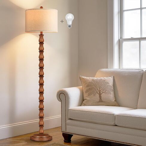 63.5" Rustic Floor Lamp for Living Room, Farmhouse Floor Lamp with Rotary Switch & Linen Shade, Vintage Resin Tall Standing Lamp for Bedroom Corner Office Home Decor, Light Walnut (LED Bulb Included) in Kuwait
