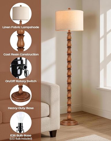 63.5" Rustic Floor Lamp for Living Room, Farmhouse Floor Lamp with Rotary Switch & Linen Shade, Vintage Resin Tall Standing Lamp for Bedroom Corner Office Home Decor, Light Walnut (LED Bulb Included) in Kuwait