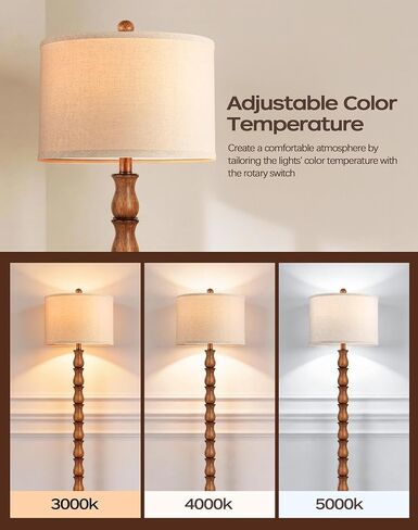 63.5" Rustic Floor Lamp for Living Room, Farmhouse Floor Lamp with Rotary Switch & Linen Shade, Vintage Resin Tall Standing Lamp for Bedroom Corner Office Home Decor, Light Walnut (LED Bulb Included) in Kuwait