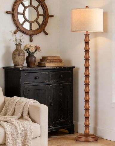 63.5" Rustic Floor Lamp for Living Room, Farmhouse Floor Lamp with Rotary Switch & Linen Shade, Vintage Resin Tall Standing Lamp for Bedroom Corner Office Home Decor, Light Walnut (LED Bulb Included) in Kuwait