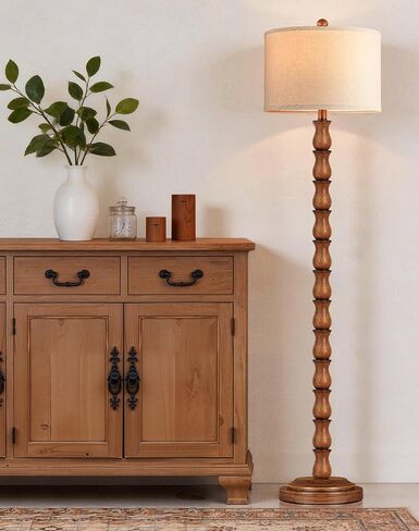 63.5" Rustic Floor Lamp for Living Room, Farmhouse Floor Lamp with Rotary Switch & Linen Shade, Vintage Resin Tall Standing Lamp for Bedroom Corner Office Home Decor, Light Walnut (LED Bulb Included) in Kuwait