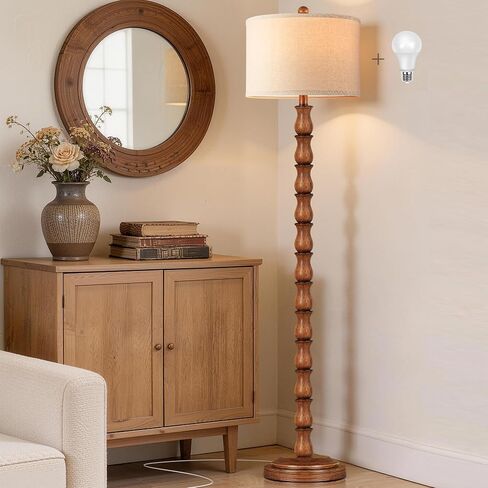 63.5" Rustic Floor Lamp for Living Room, Farmhouse Floor Lamp with Rotary Switch & Linen Shade, Vintage Resin Tall Standing Lamp for Bedroom Corner Office Home Decor, Light Walnut (LED Bulb Included) in Kuwait