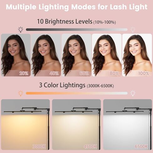 40W Foldable Square Lash Light for Beauty Salon, 3 Color Modes & 10 Dimming Brightness, 34.5in Adjustable Lamp Head & Arms & Height, Remote Control LED Eyelash Tech Tattoo Light (Black) in Kuwait