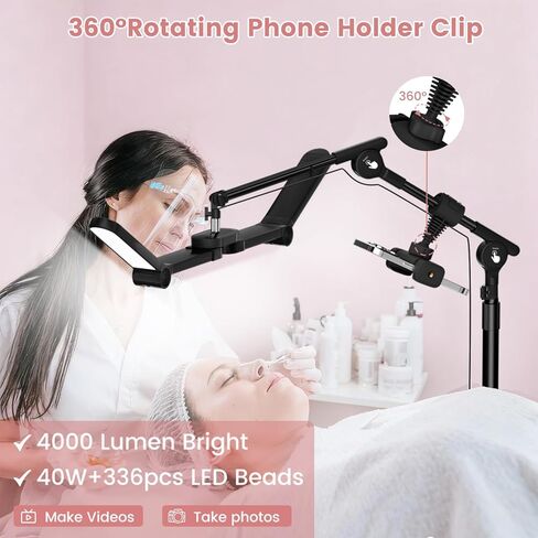 40W Foldable Square Lash Light for Beauty Salon, 3 Color Modes & 10 Dimming Brightness, 34.5in Adjustable Lamp Head & Arms & Height, Remote Control LED Eyelash Tech Tattoo Light (Black) in Kuwait