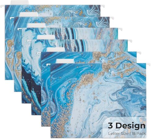 Y YOMA 18 حزمة من مجلدات الملفات المعلقة المزخرفة بحجم الحروف، مجلد تعليق لطيف من الرخام، منظم مجلد ملفات جميل لخزانة الملفات والمكتب والمنزل مع علامات تبويب قابلة للتعديل 1/5 قطع، 3 تصميم رخامي أزرق in Kuwait