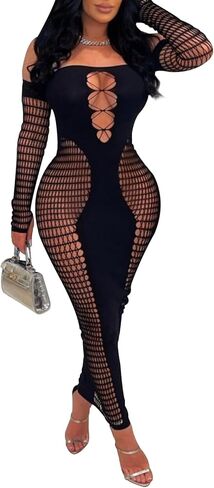 فستان نسائي طويل مثير بدون أكتاف شبكي مجوف للنادي in Kuwait