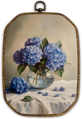 Yjeslw Blue Hydrangea Floral Octagon Wall Art Decor, Cottagecore Flower Framed Canvas Prints, Moody Retro Rustic Botanical Floral Wall Hanging Decorations for Home Bedroom Decor, 10.2x7 Inches in Kuwait