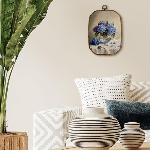 Yjeslw Blue Hydrangea Floral Octagon Wall Art Decor, Cottagecore Flower Framed Canvas Prints, Moody Retro Rustic Botanical Floral Wall Hanging Decorations for Home Bedroom Decor, 10.2x7 Inches in Kuwait