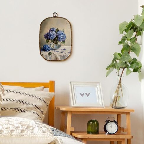 Yjeslw Blue Hydrangea Floral Octagon Wall Art Decor, Cottagecore Flower Framed Canvas Prints, Moody Retro Rustic Botanical Floral Wall Hanging Decorations for Home Bedroom Decor, 10.2x7 Inches in Kuwait