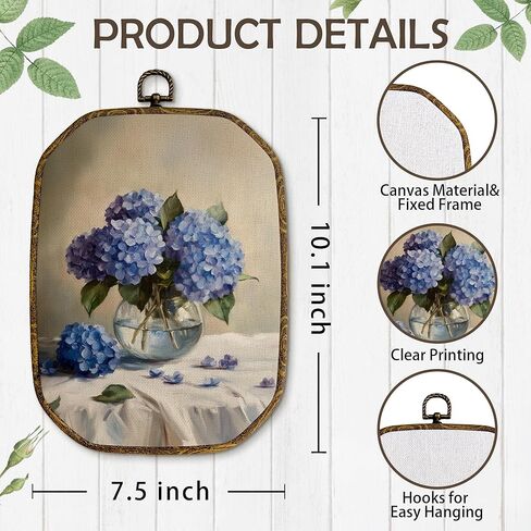 Yjeslw Blue Hydrangea Floral Octagon Wall Art Decor, Cottagecore Flower Framed Canvas Prints, Moody Retro Rustic Botanical Floral Wall Hanging Decorations for Home Bedroom Decor, 10.2x7 Inches in Kuwait