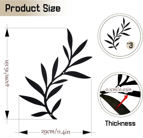 Metal Wall Art Olive Branch Decor, 15.35x12.2 Inch, 3 Piece Set with Mounting Tools, Black Modern Decorative Leaves for Bathroom, Bedroom, Living Room, Bar in Kuwait