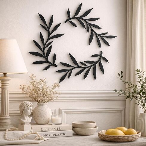 Metal Wall Art Olive Branch Decor, 15.35x12.2 Inch, 3 Piece Set with Mounting Tools, Black Modern Decorative Leaves for Bathroom, Bedroom, Living Room, Bar in Kuwait