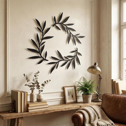 Metal Wall Art Olive Branch Decor, 15.35x12.2 Inch, 3 Piece Set with Mounting Tools, Black Modern Decorative Leaves for Bathroom, Bedroom, Living Room, Bar in Kuwait