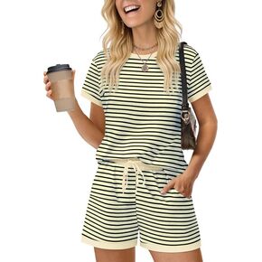 Marvmys Womens Pajamas Set 2 Piece Striped Pj Set Soft Pajamas Casual Short Sleeve Top and Shorts Sleepwear Set S-2XL in Kuwait