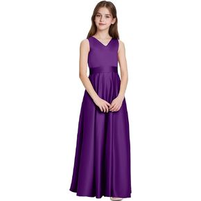Satin Flower Girl Dresses Junior Bridesmaid Dress for Wedding V Neck Formal Dresses Gown Pageant with Belt in Kuwait