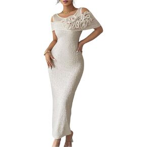 OYOANGLE Women's 3D Floral Cold Shoulder Bodycon Long Dress Short Sleeve Party Night Out Dresses in Saudi Arabia