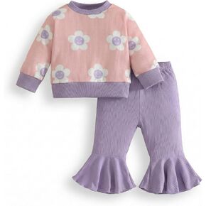 Baby Girl Fall Outfit Toddler Girl Winter Clothes Baby Lantern Sleeve Tops and Flared Pants 2pcs Waffle Clothing Set in Saudi Arabia