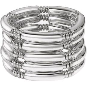 5PCS Gold Plated Chunky Bamboo Tube Bangles Set Stackable Stretch Acrylic Bracelets for Women Hypoallergenic Layered Cuff Jewelry Gift in Saudi Arabia