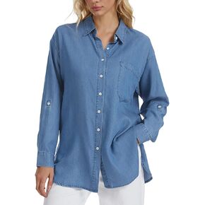 قميص نسائي من قماش الدنيم اللايوسل بأزرار سفلية وأكمام طويلة وبلوزة شامبراي خفيفة الوزن من قماش اللايوسل in Kuwait