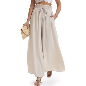 HONGTEYA Women's Wide Leg Palazzo Pants Flowy Summer Loose Beach Pants with Pockets Elastic High Waist Pants in Kuwait