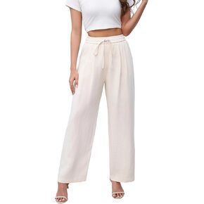 Love Welove Fashion Linen Pants Women – 100% Linen Wide Leg Pants, Elastic Waist Drawstring, Summer Casual Plus Size 3XL in Kuwait