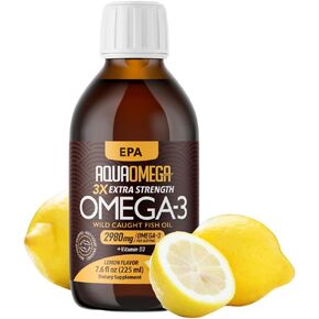 AquaOmega 3X Extra Strength EPA Omega-3 Fish Oil Liquid with EPA, DHA and Vitamin D - Wild Caught Fish Oil Omega 3 Supplements - 2980mg of Burpless Formula - 15.22 Fl Oz Lemon in Saudi Arabia