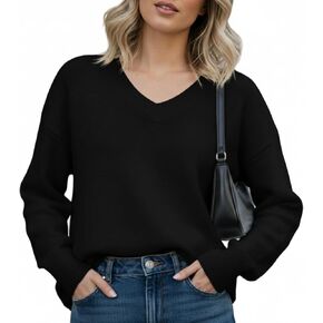 Women’s V-Neck Knit Sweater Long Sleeve Pullover Ribble Hem and Cuffs Elegant Knitwear Top for Fall Winter in Kuwait