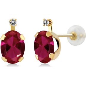 Gem Stone King 14K Yellow Gold Red Created Ruby and White Diamond Earrings For Women (1.89 Cttw, Gemstone July Birthstone, Oval 7X5MM) in Saudi Arabia