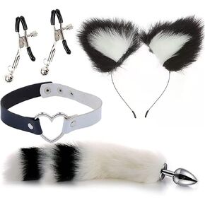 Collar and Nipple Clamps Cat Ears Butt Plug Stainless Steel Anal Plug with Faux Fur - Fox Tail Costume Cosplay - Sex Toy Pleasure Stimulator Flirting Supplies in Kuwait