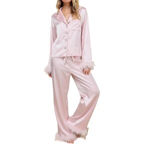 المرأة ريشة تقليم منامة الساتان 2 قطعة كم طويل زر أسفل ملابس النوم قميص الزفاف والسراويل صالة مجموعة in Kuwait