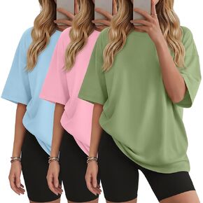 3 Pack Women's Oversized T Shirts Cotton Workout Crewneck Tops Short Sleeve Loose Fit Basic Tees Gym Summer in Kuwait