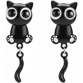 Adorable Black Cat Stud Earrings for Women, Alloy Enamel Cute Black Cat Paw Studs with Dangle Tail, 1.18 x 0.39 in Cartoon Cat Earrings in Kuwait